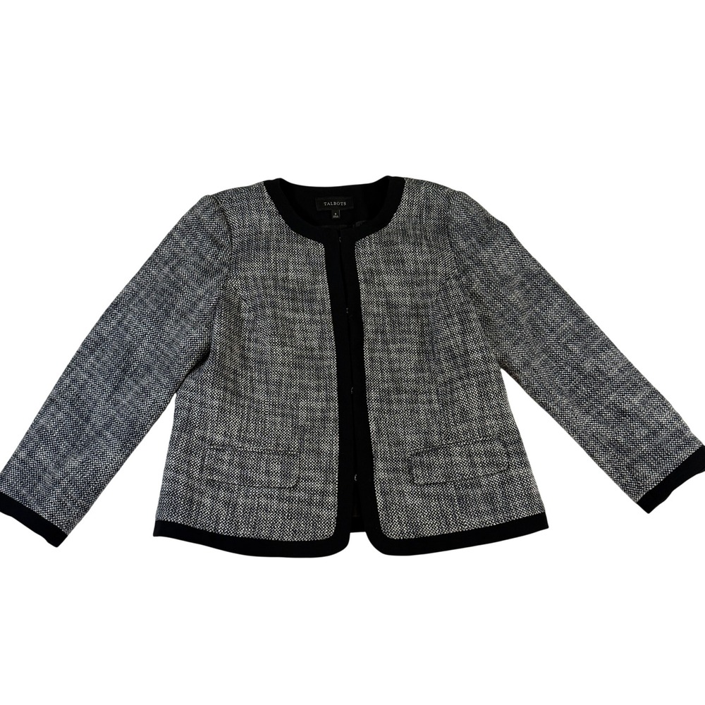 Talbots Jacket Tweed Contrast Trim Size 8 Black White Womens‎ Career Blazer